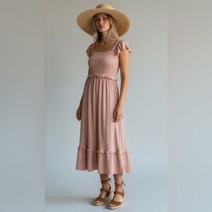NEW Pink Maxi Dress Medium Smocked Ruffle  Flutter Sleeve Bohemian‎ Boho